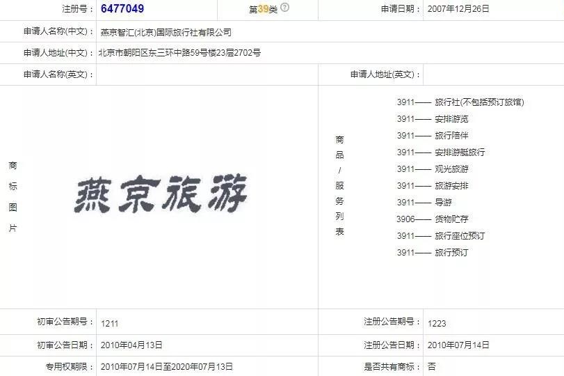 “燕京旅游”商标