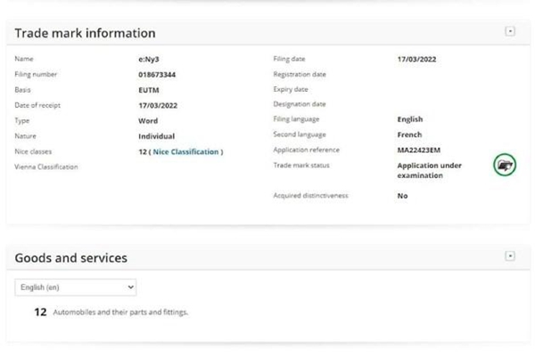 本田在欧注册e:Ny2到e:Ny9商标
