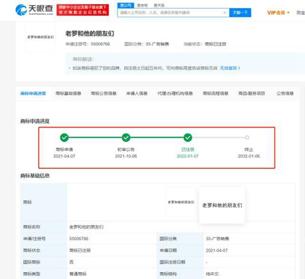 “老罗和他的朋友们”商标成功注册