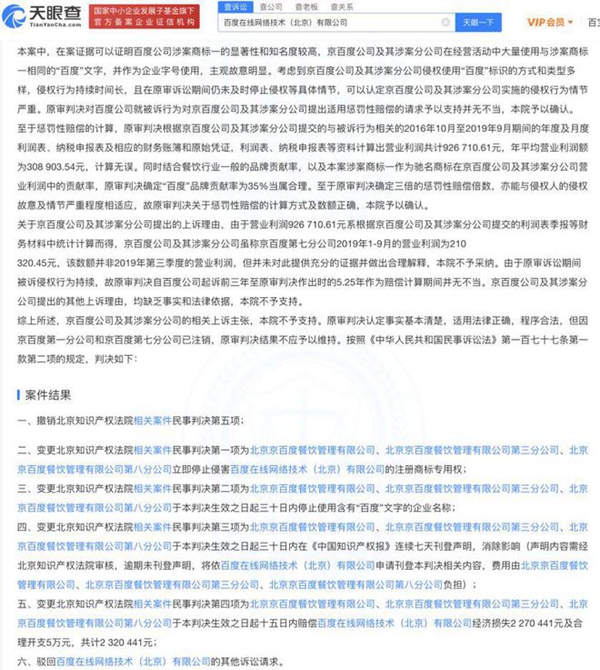 “百度烤肉”商标侵权案终审判决公开