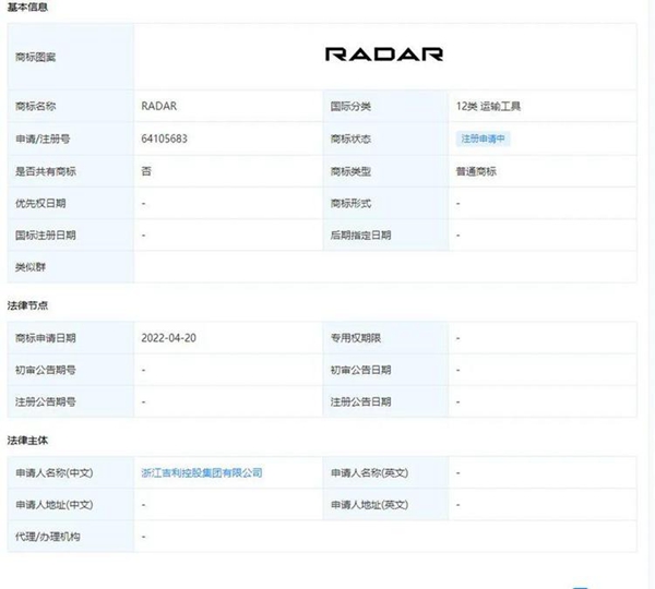 吉利注册新商标“RADAR”