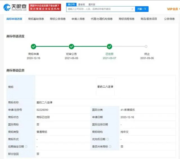 《爱的二八定律》出品方已注册商标