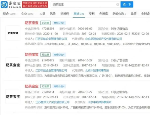 章泽天公司成功注册奶茶宝宝商标